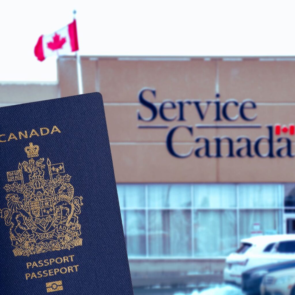 A Canadian passport is prominently displayed in the foreground with a Service Canada building and a Canadian flag visible in the background. Several cars are parked in front of the building.